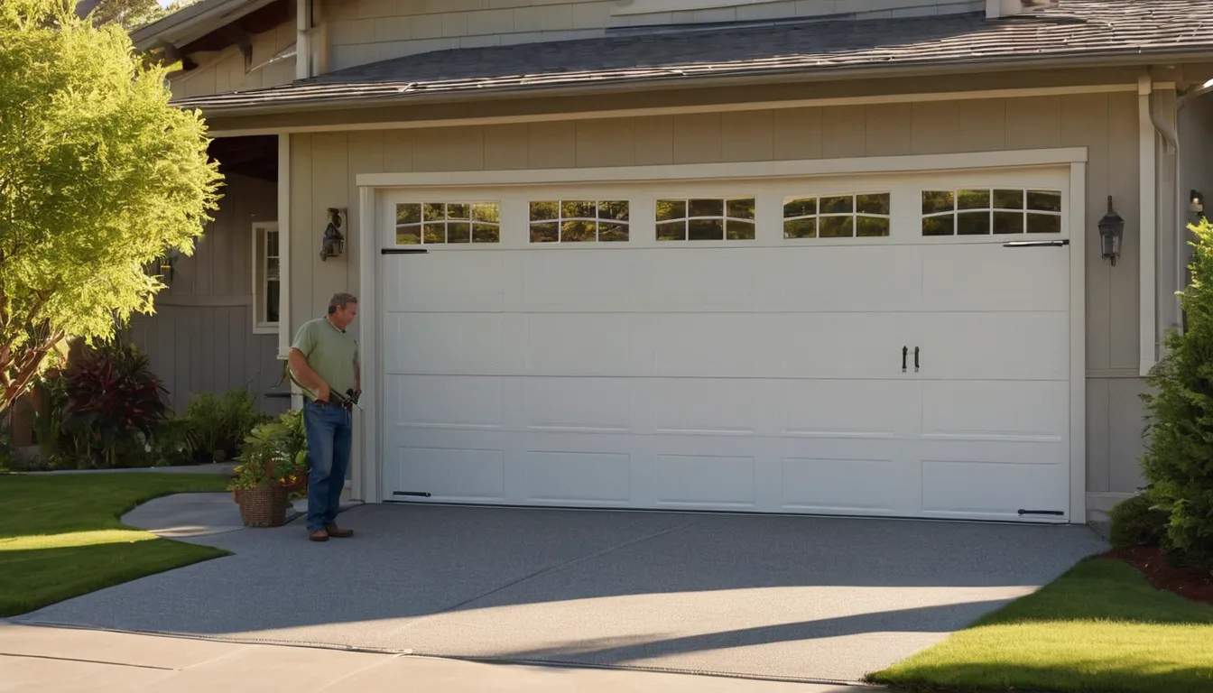 Friendly provider and homeowner checking a newly installed garage door at a home in Lakeville